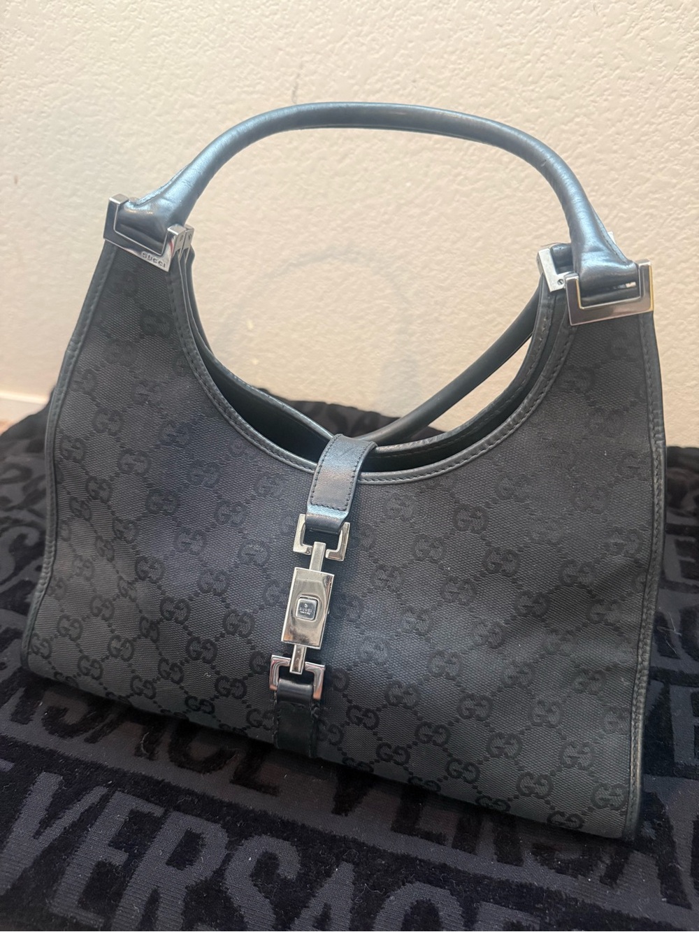 Gucci Black Monogram Shoulder Bag with Silver Hardware
